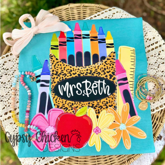 Personalized Crayon Teacher Shirt | Custom Teacher Name or Grade Level Tee