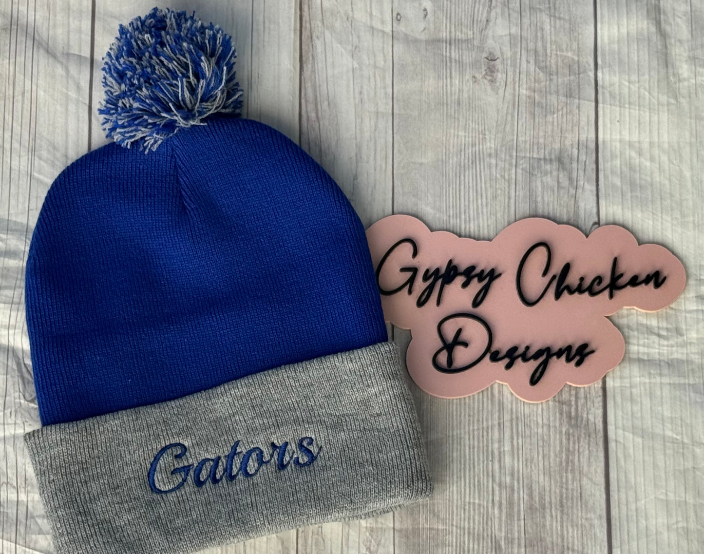 Embroidered Mascot Pom Beanie