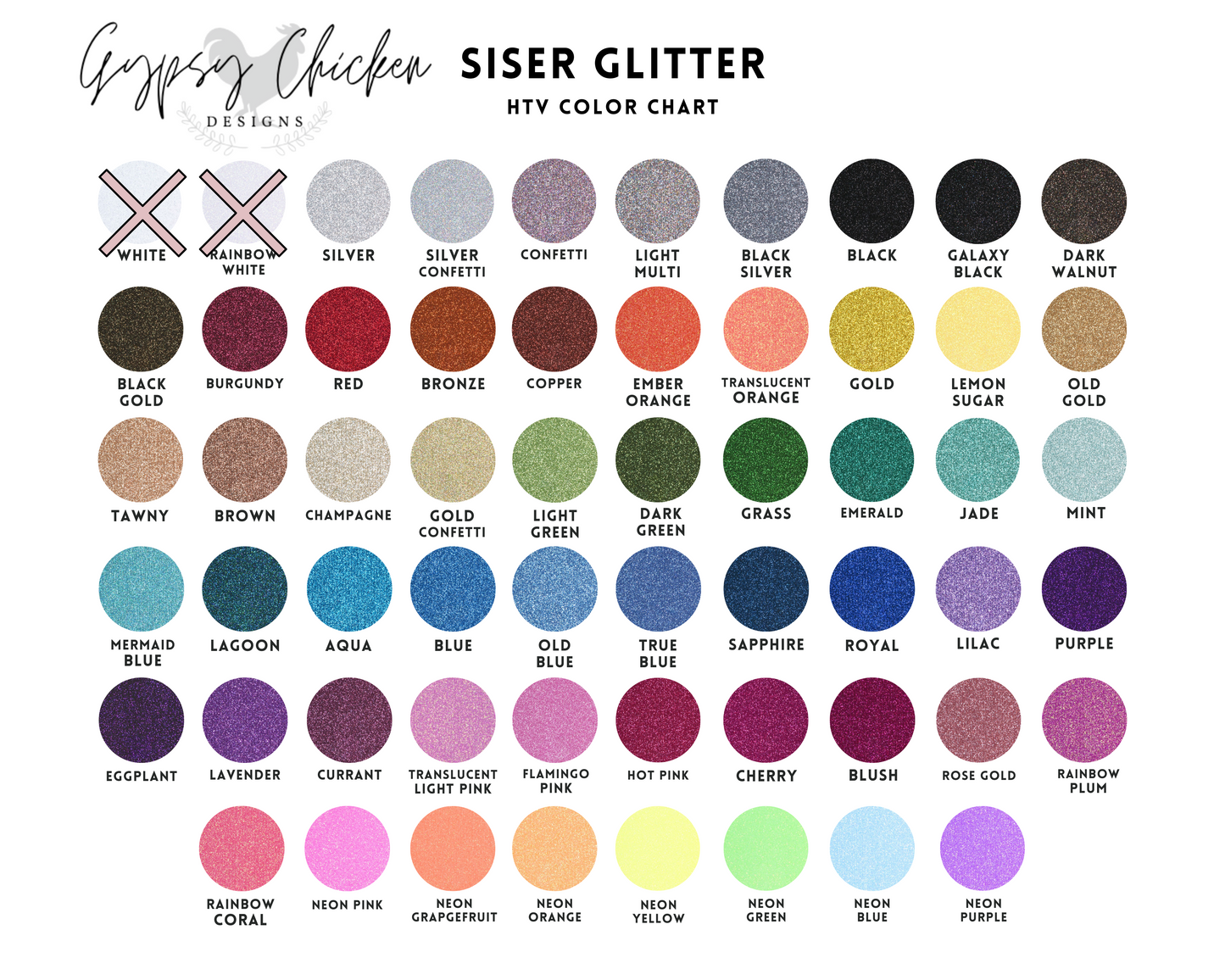 A glitter color chart sheet titled 'Gypsy Chicken Designs Siser Glitter HTY Color Chart' showing rows of labeled glitter color swatches including white, silver, black, gold, pink, blue, green, and purple on a white background.