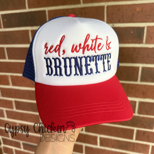 Red, White & Brunette Trucker Hat | Embroidered Hat