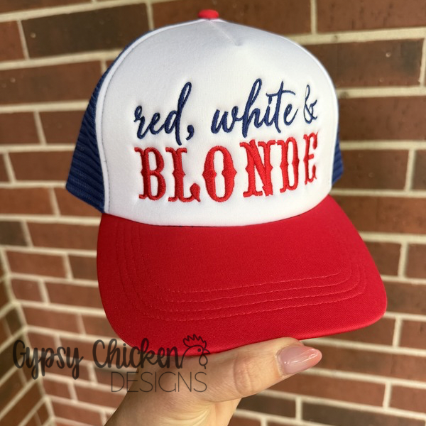 Red, White & Blonde Trucker Hat | Embroidered Hat