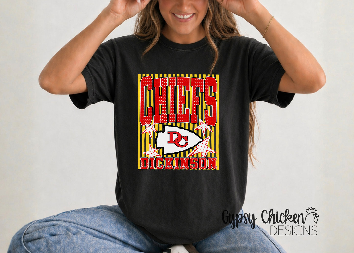 Dickinson Chiefs | Polka Dot & Stripes Mascot Tee